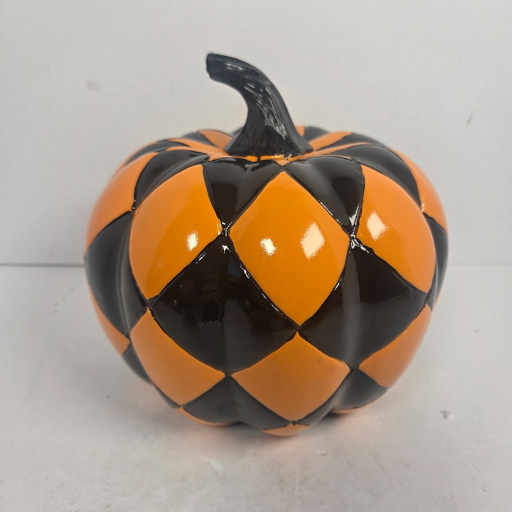 Harlequin Pumpkin Figurine Black Orange Checkered Halloween Fall Decor 8 In - Picture 4 of 5